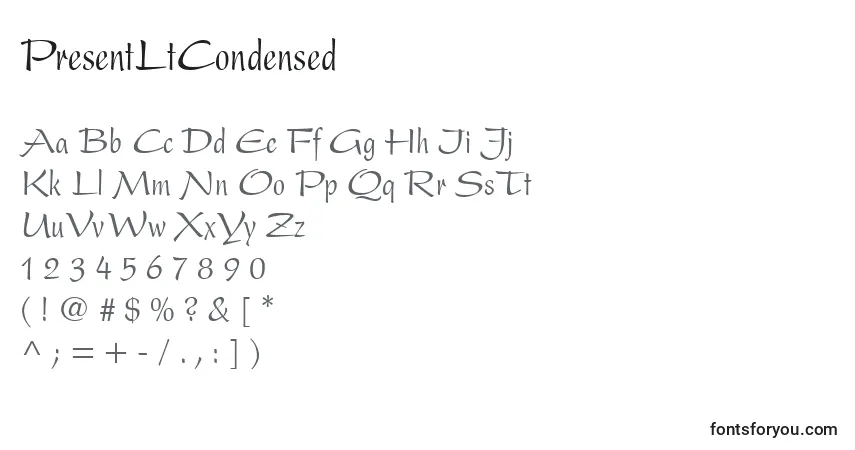 A fonte PresentLtCondensed – alfabeto, números, caracteres especiais