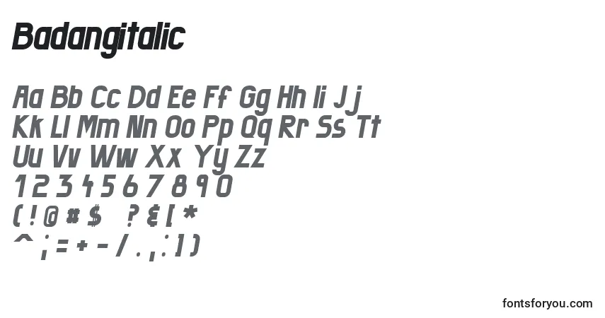 Schriftart Badangitalic – Alphabet, Zahlen, spezielle Symbole