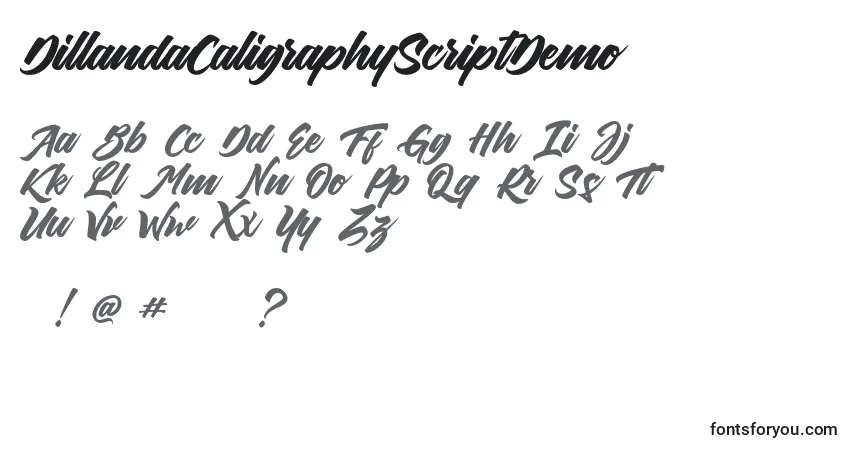 A fonte DillandaCaligraphyScriptDemo – alfabeto, números, caracteres especiais