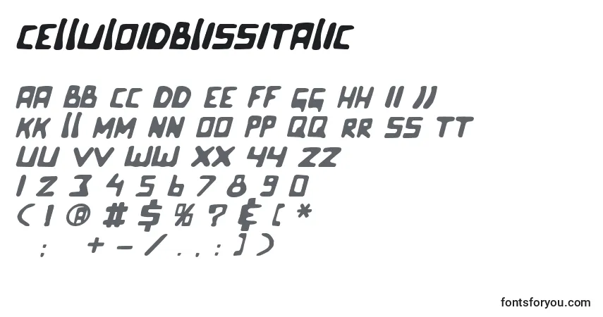 Schriftart Celluloidblissitalic – Alphabet, Zahlen, spezielle Symbole