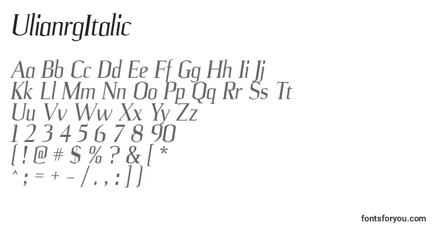 Schriftart UlianrgItalic – Alphabet, Zahlen, spezielle Symbole