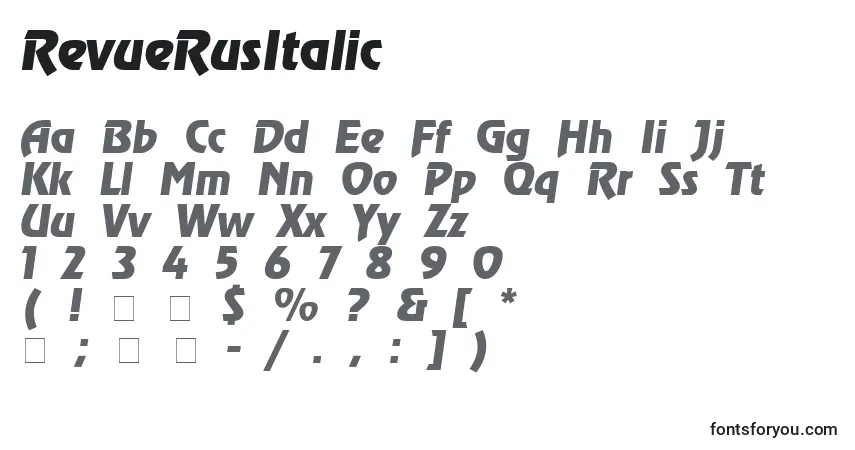 Шрифт RevueRusItalic – алфавит, цифры, специальные символы