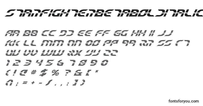 A fonte StarfighterBetaBoldItalic – alfabeto, números, caracteres especiais