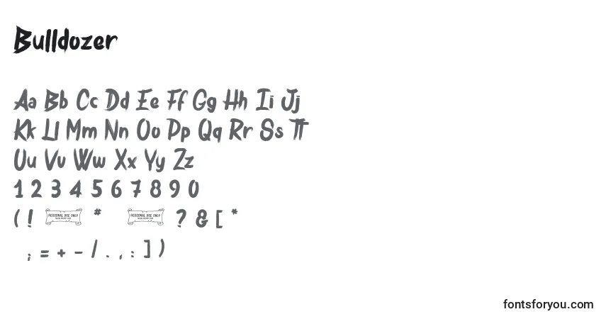Czcionka Bulldozer – alfabet, cyfry, specjalne znaki