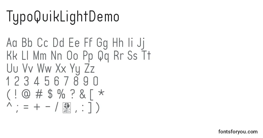 Шрифт TypoQuikLightDemo – алфавит, цифры, специальные символы