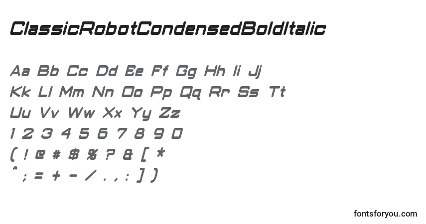 A fonte ClassicRobotCondensedBoldItalic – alfabeto, números, caracteres especiais