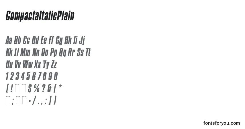 Czcionka CompactaItalicPlain – alfabet, cyfry, specjalne znaki