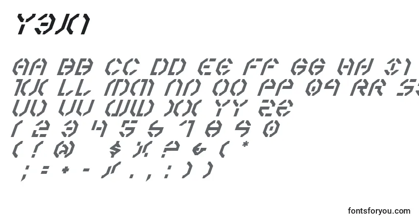Czcionka Y3ki – alfabet, cyfry, specjalne znaki