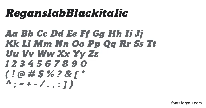 A fonte ReganslabBlackitalic – alfabeto, números, caracteres especiais
