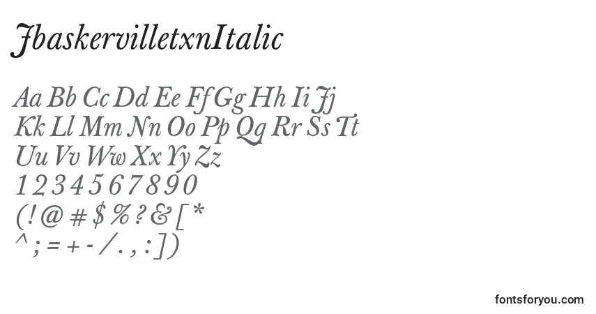 A fonte JbaskervilletxnItalic – alfabeto, números, caracteres especiais