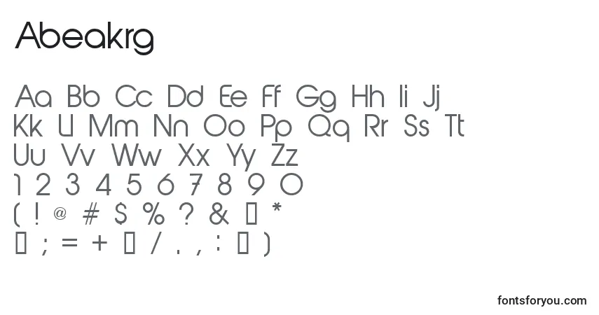 Czcionka Abeakrg – alfabet, cyfry, specjalne znaki