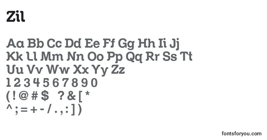 A fonte Zil – alfabeto, números, caracteres especiais
