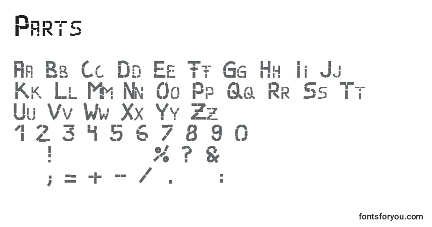 Czcionka Parts – alfabet, cyfry, specjalne znaki