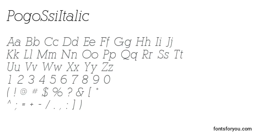 A fonte PogoSsiItalic – alfabeto, números, caracteres especiais