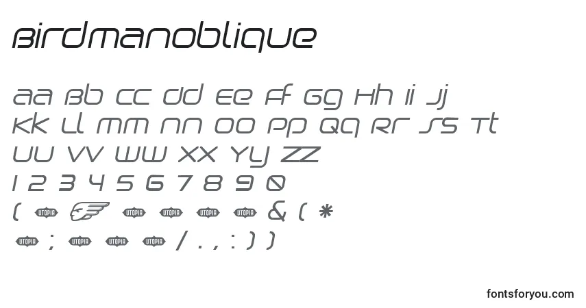 Czcionka BirdmanOblique – alfabet, cyfry, specjalne znaki