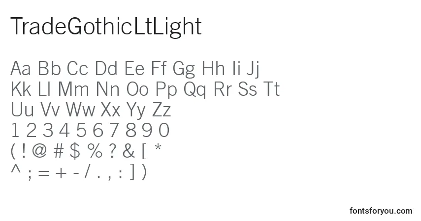 Czcionka TradeGothicLtLight – alfabet, cyfry, specjalne znaki