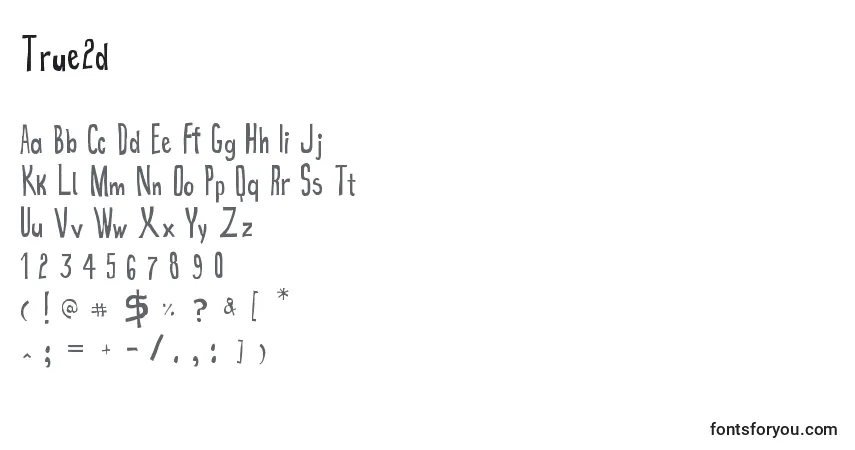 Czcionka True2d – alfabet, cyfry, specjalne znaki