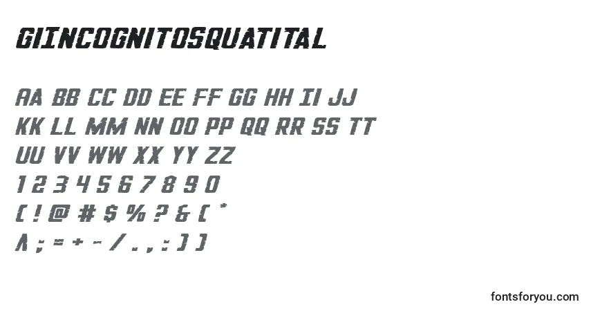 Schriftart GiIncognitosquatital – Alphabet, Zahlen, spezielle Symbole