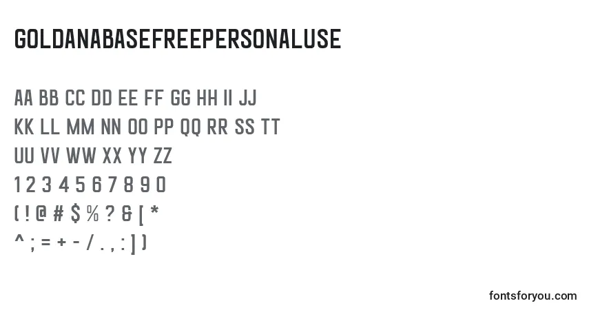 Czcionka GoldanaBaseFreePersonalUse (24612) – alfabet, cyfry, specjalne znaki
