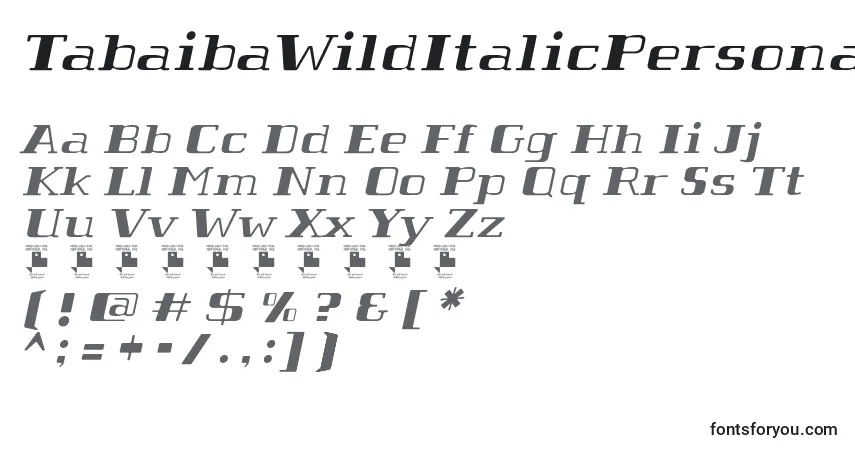Czcionka TabaibaWildItalicPersonalUse – alfabet, cyfry, specjalne znaki