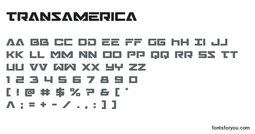 Czcionka Transamerica – alfabet, cyfry, specjalne znaki
