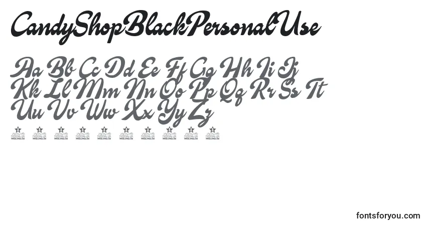 Schriftart CandyShopBlackPersonalUse – Alphabet, Zahlen, spezielle Symbole