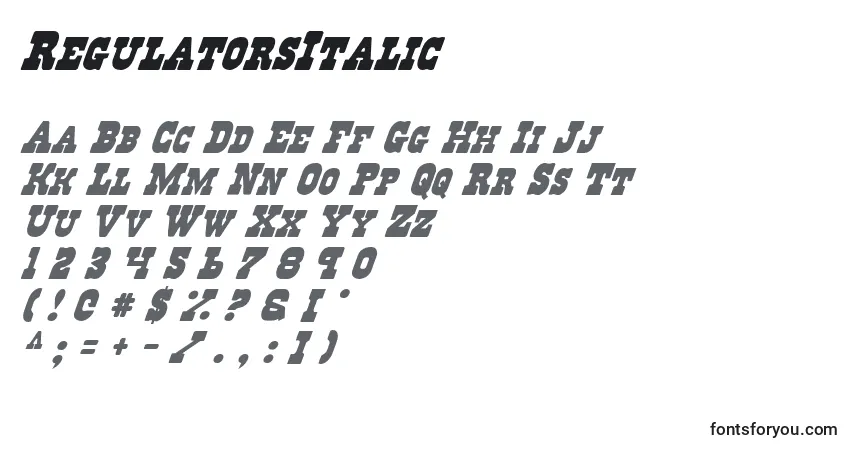 A fonte RegulatorsItalic – alfabeto, números, caracteres especiais
