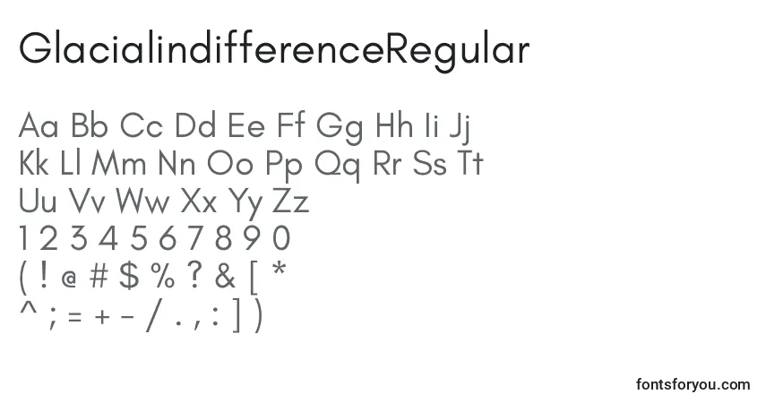 A fonte GlacialindifferenceRegular – alfabeto, números, caracteres especiais