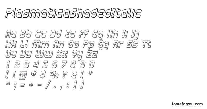 Czcionka PlasmaticaShadedItalic – alfabet, cyfry, specjalne znaki