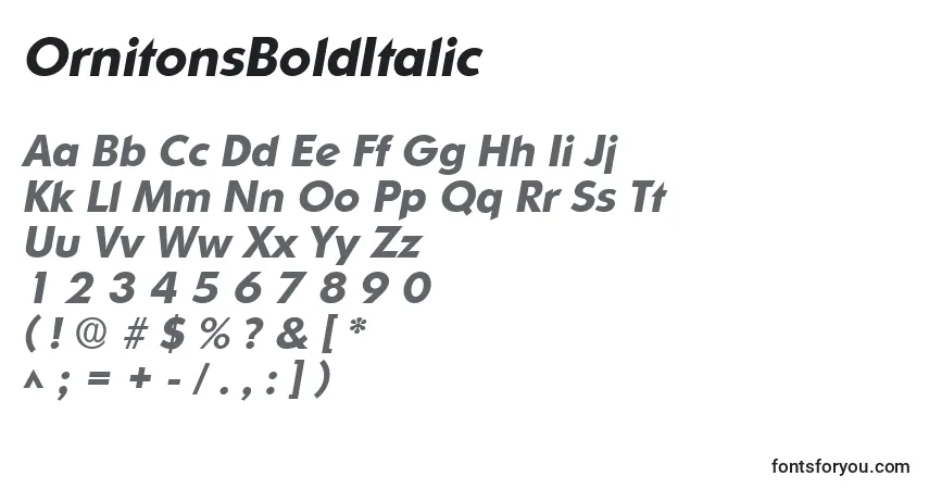 A fonte OrnitonsBoldItalic – alfabeto, números, caracteres especiais