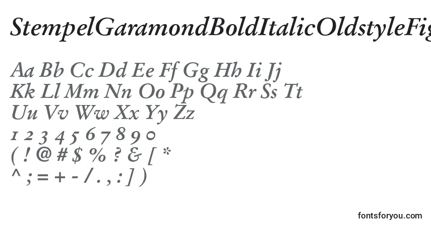 A fonte StempelGaramondBoldItalicOldstyleFigures – alfabeto, números, caracteres especiais