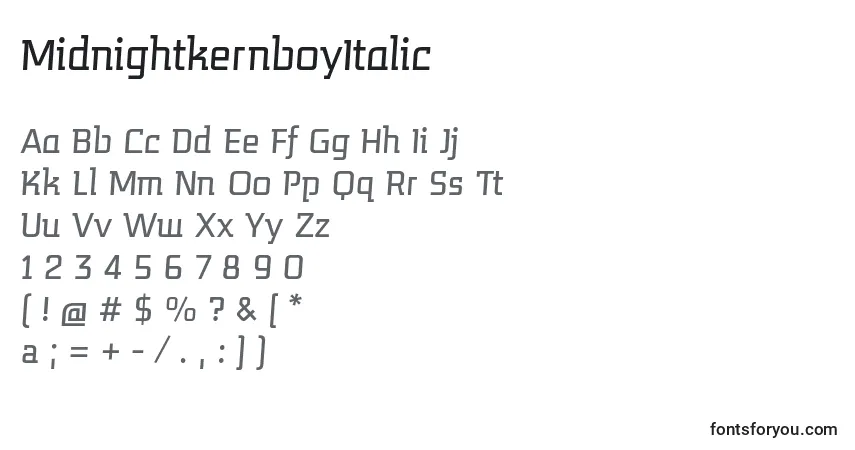A fonte MidnightkernboyItalic – alfabeto, números, caracteres especiais