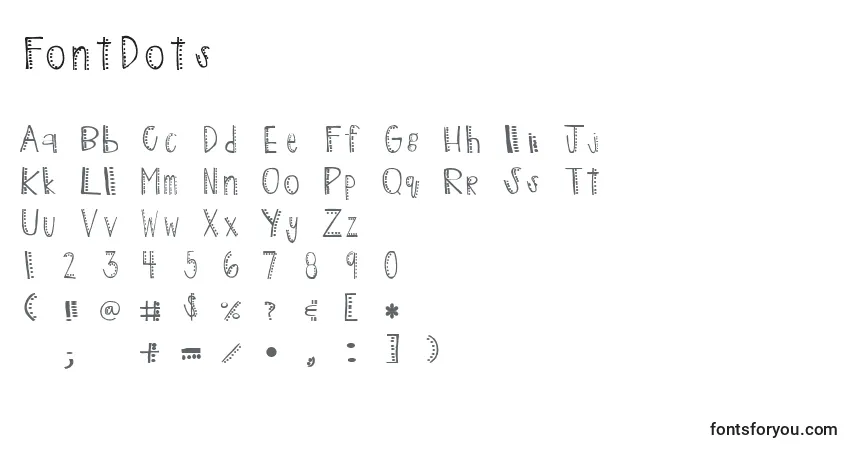 Czcionka FontDots – alfabet, cyfry, specjalne znaki