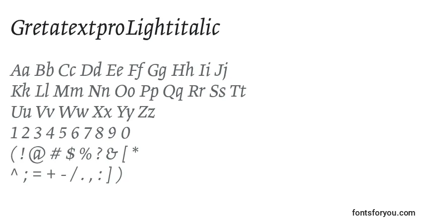 Czcionka GretatextproLightitalic – alfabet, cyfry, specjalne znaki