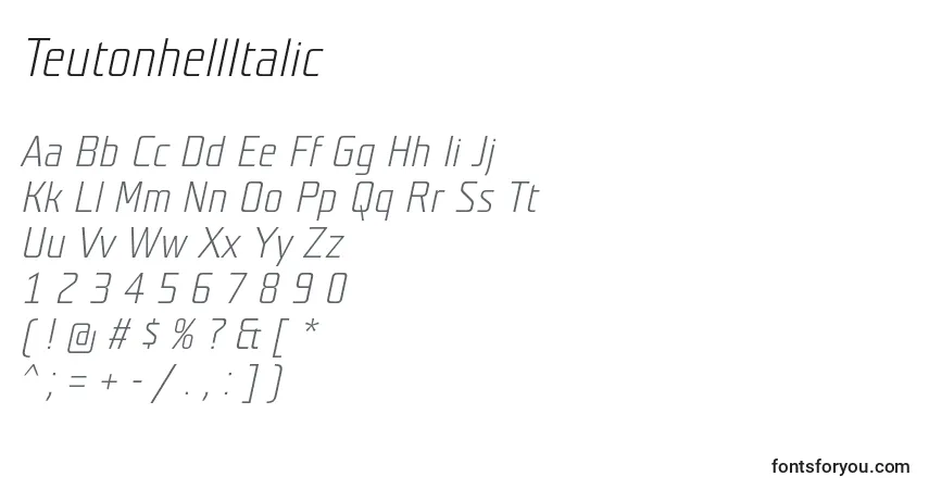 Czcionka TeutonhellItalic – alfabet, cyfry, specjalne znaki
