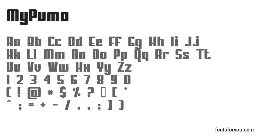 Schriftart MyPuma – Alphabet, Zahlen, spezielle Symbole