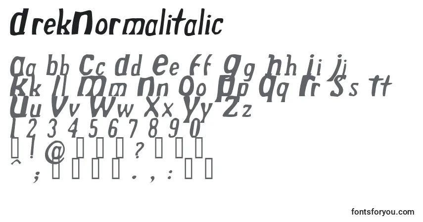 Шрифт DrekNormalitalic – алфавит, цифры, специальные символы