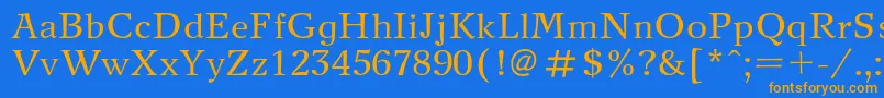 フォントNewjournalRegular – オレンジ色の文字が青い背景にあります。