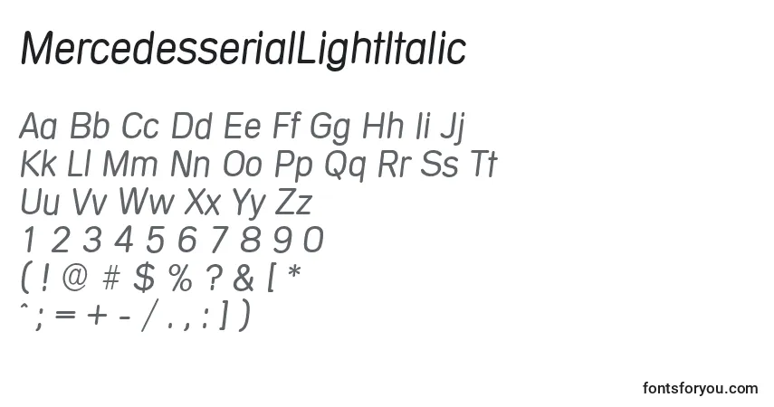 Czcionka MercedesserialLightItalic – alfabet, cyfry, specjalne znaki