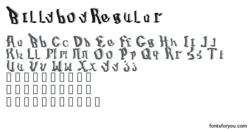Czcionka BillyboyRegular – alfabet, cyfry, specjalne znaki
