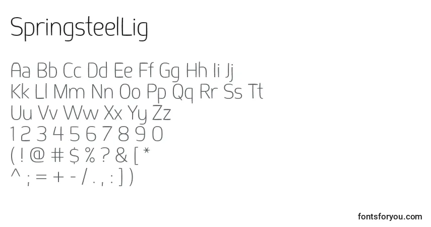 A fonte SpringsteelLig – alfabeto, números, caracteres especiais
