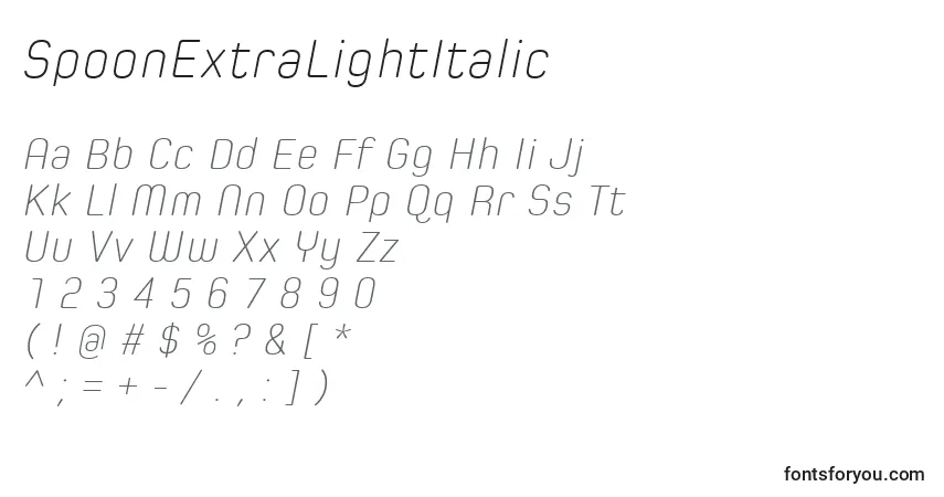 A fonte SpoonExtraLightItalic – alfabeto, números, caracteres especiais