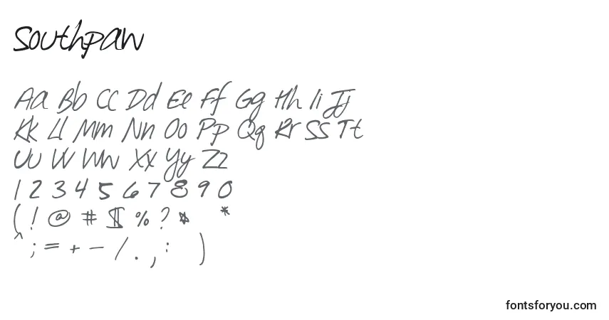 Schriftart Southpaw – Alphabet, Zahlen, spezielle Symbole