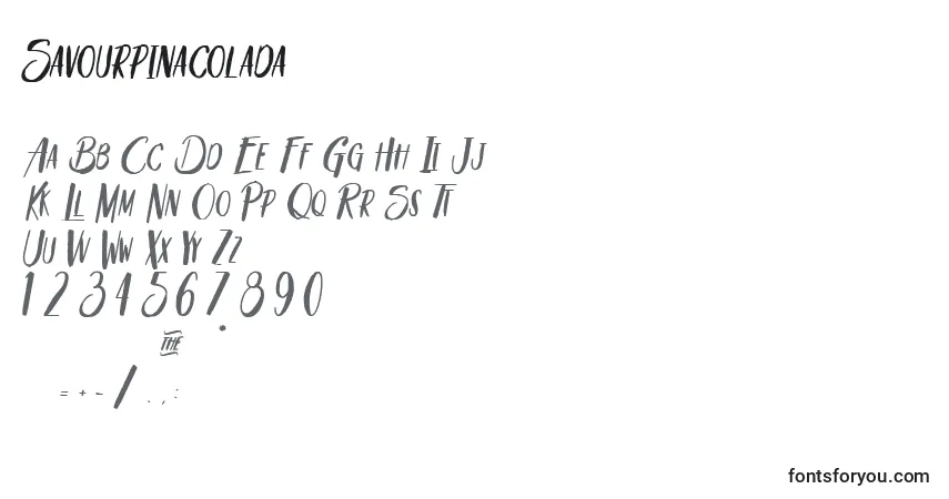 Czcionka Savourpinacolada – alfabet, cyfry, specjalne znaki