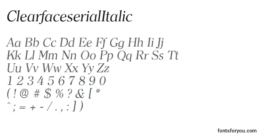 ClearfaceserialItalic-fontti – aakkoset, numerot, erikoismerkit