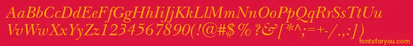 NewbaskervillebttItalic-Schriftart – Orangefarbene Schriften auf rotem Hintergrund