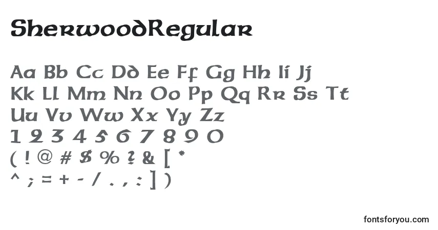 Czcionka SherwoodRegular – alfabet, cyfry, specjalne znaki