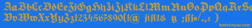 フォントDshermanngotisch – オレンジ色の文字が青い背景にあります。