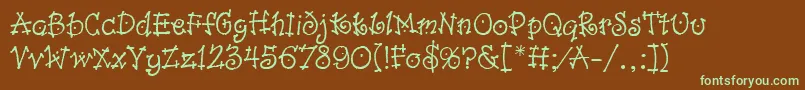 フォントDancinLetPlain.1.0 – 緑色の文字が茶色の背景にあります。