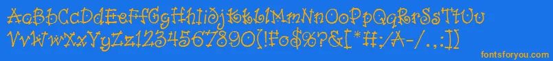 フォントDancinLetPlain.1.0 – オレンジ色の文字が青い背景にあります。